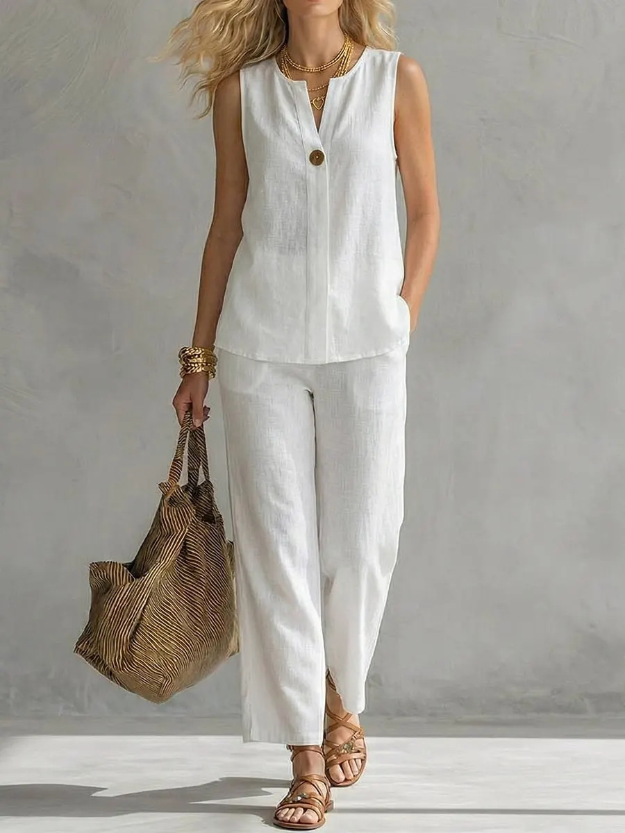 Linen Pant Wide - Conjunto de 2 Piezas de Lino
