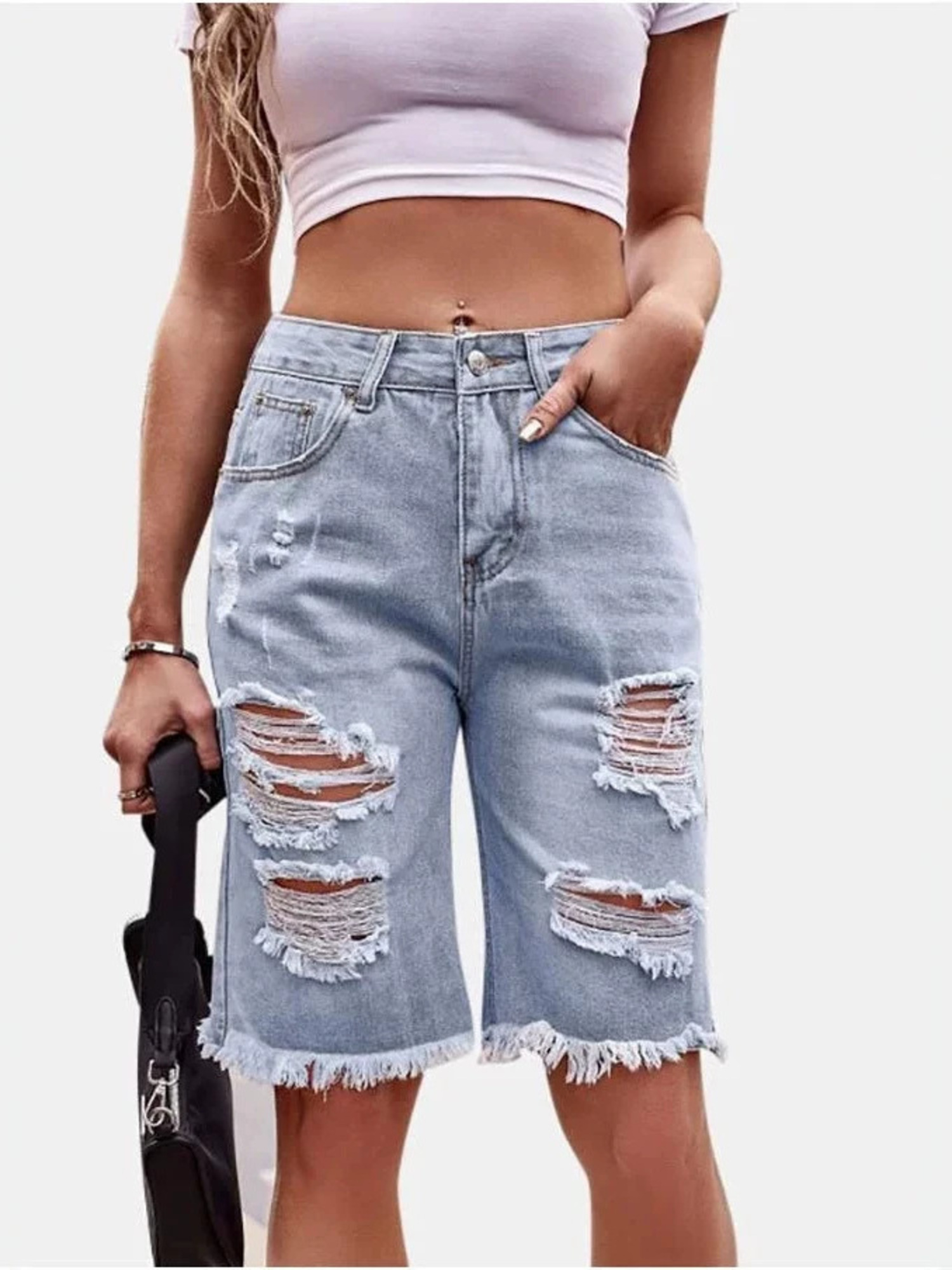 Pantalones Cortos de Mezclilla - Shorts Denim Frayed reseña y precio